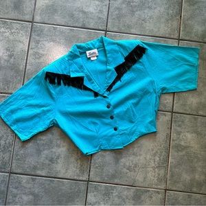 VTG 90s Western Cowboy Cowgirl Rodeo Cropped Button Front Fringe Shirt